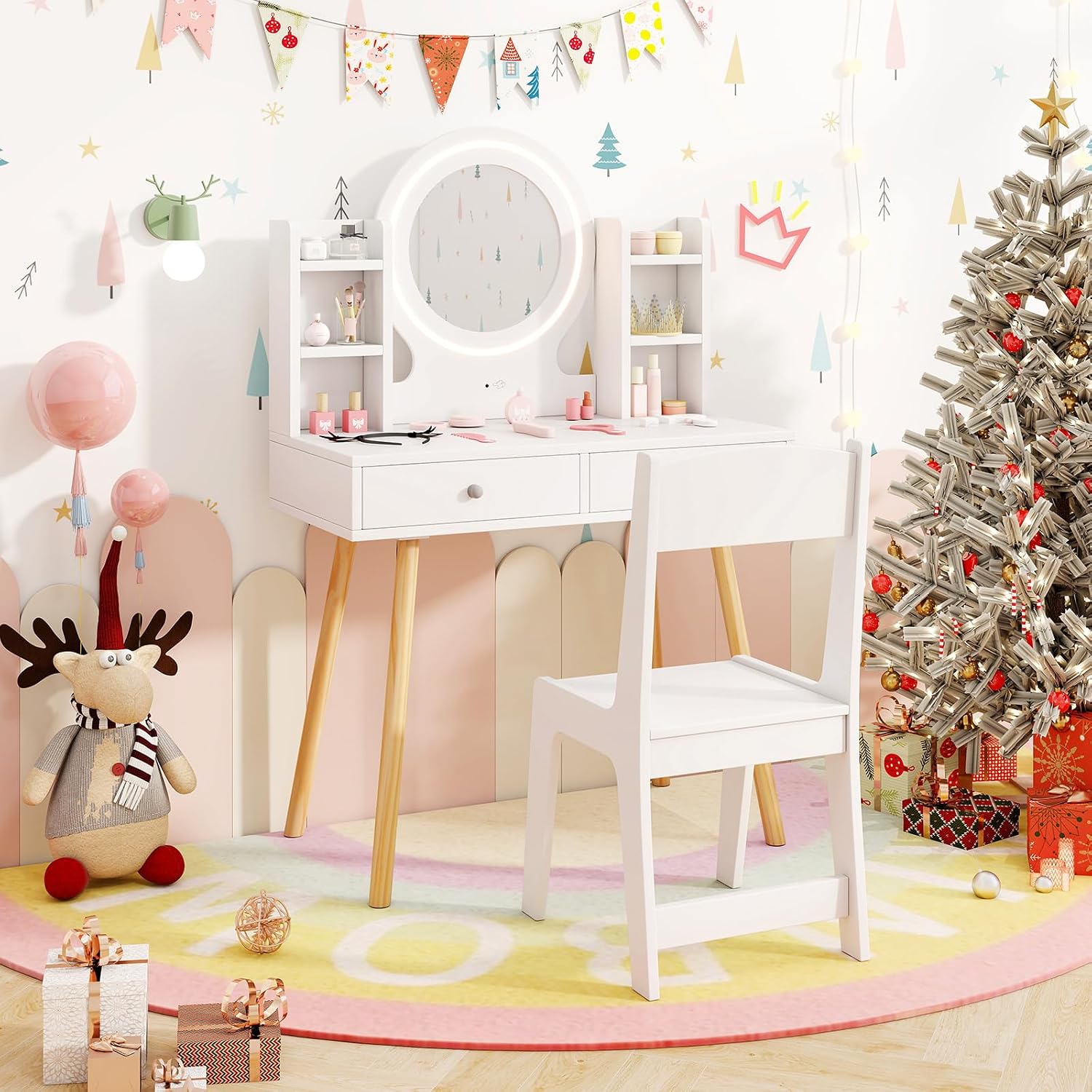 HONEY JOY Kids Vanity, Girls Vanity Set with Mirror and Stool and Lights, Drawers & Storage Shelves, Toddler Makeup Vanity Dressing Table, Pretend Play Kids Vanity Table and Chair Set (White)