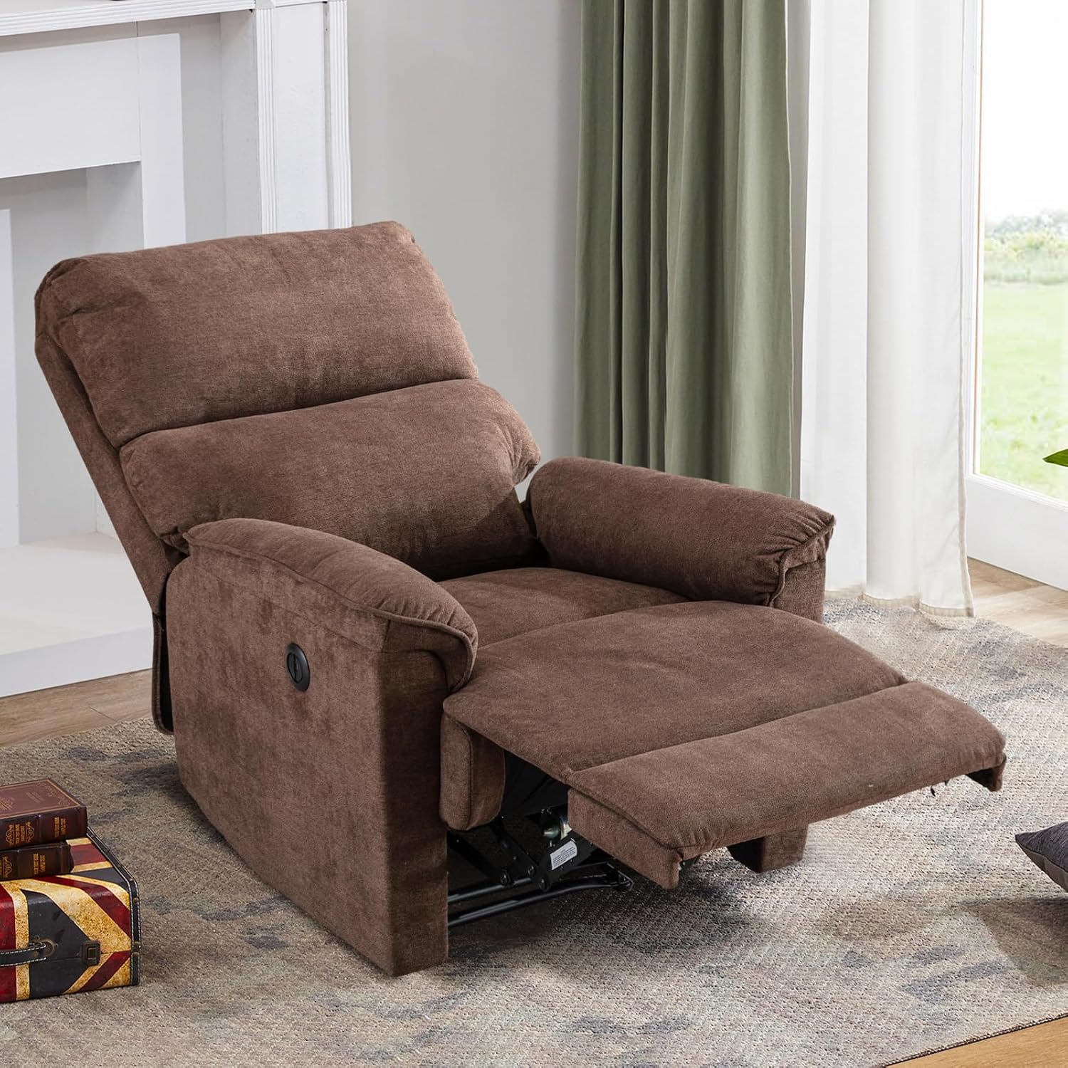 EBELLO Power Recliner Chair, Electric Recliner, Breathable Fabric Single Overstuffed Recliner Sofa with USB Charge Port for Elderly Living Room, Bedroom, Brown