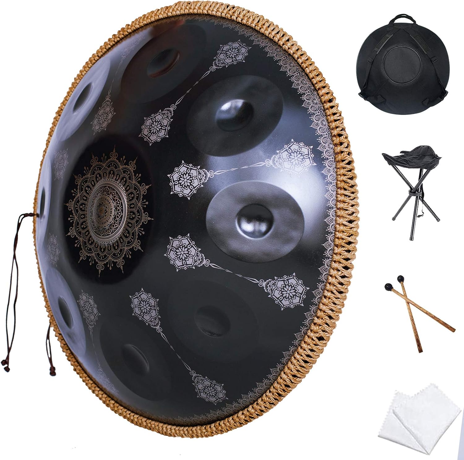 Handpan-Classic 10 Notes Black Print Hand Pan,Premium 432HZ 22 Inches D Minor Steel Handpan Drum Set,Adult's Music Steel Pan Instrument