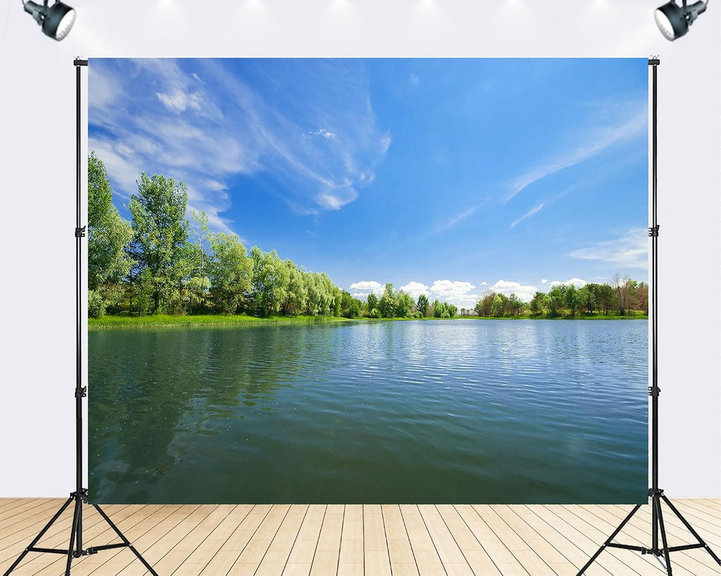 Trykid 20x10ft Serene Lake View Backdrop Calm Water Lush Trees Blue Sky Landscape Photography Background Camping Trip Tapestry Party Decoration Photo Studio Prop Fabric