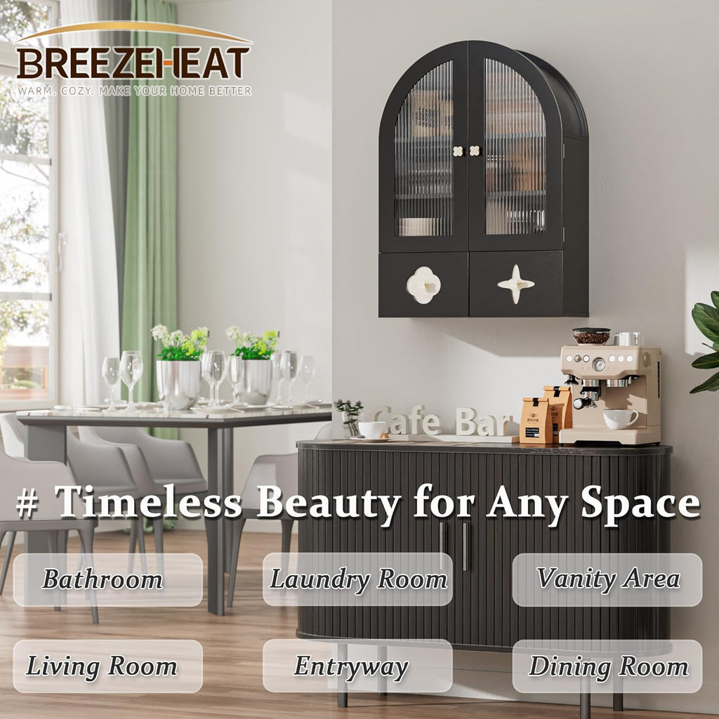 BREEZEHEAT Arched Bathroom Wall Cabinet, Medicine Cabinet Over Toilet Storage w/Fluted Glass Doors & Adjustable Shelf, Wood Hanging Cupboard for Laundry Room, Entryway, Kitchen, Black, 23.6x33.5 Inch