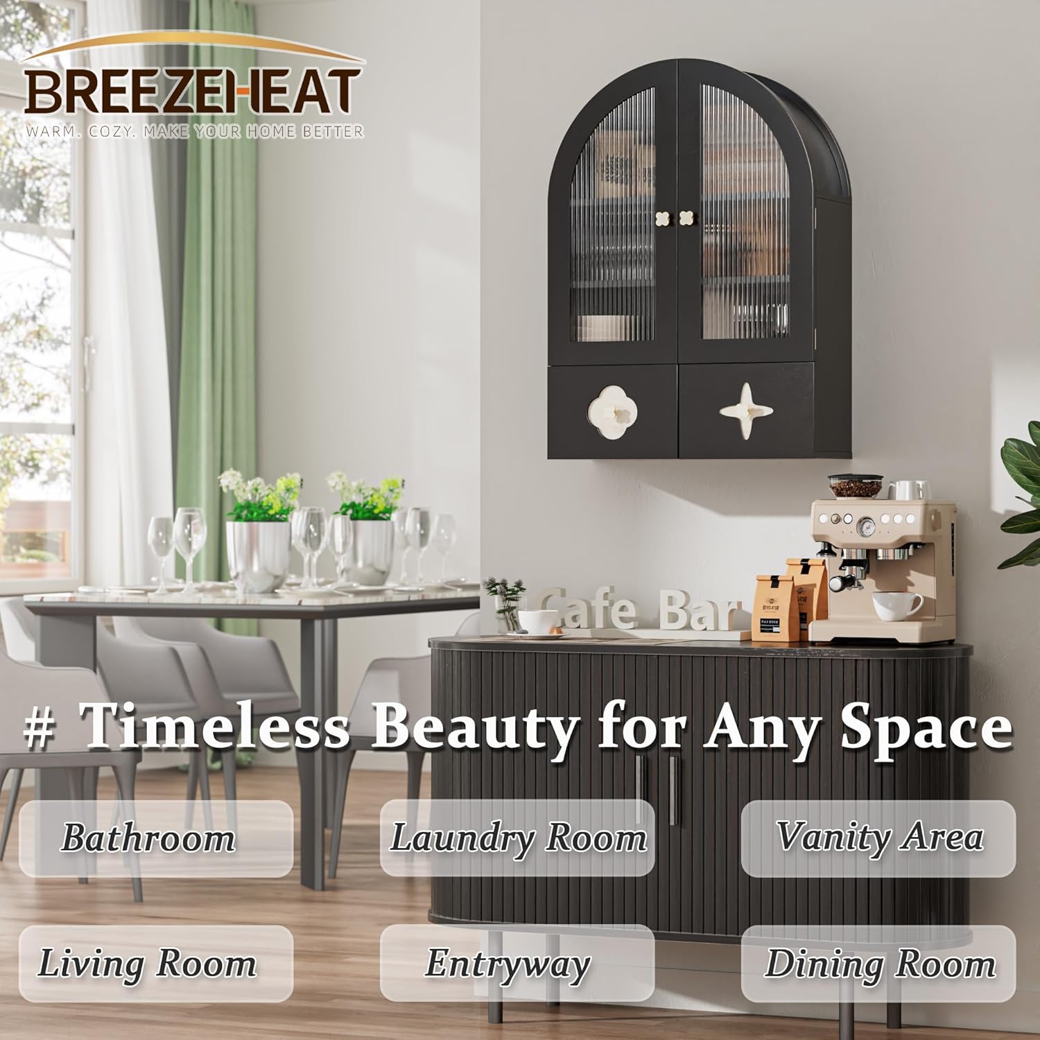 BREEZEHEAT Arched Bathroom Wall Cabinet, Medicine Cabinet Over Toilet Storage w/Fluted Glass Doors & Adjustable Shelf, Wood Hanging Cupboard for Laundry Room, Entryway, Kitchen, Black, 23.6x33.5 Inch