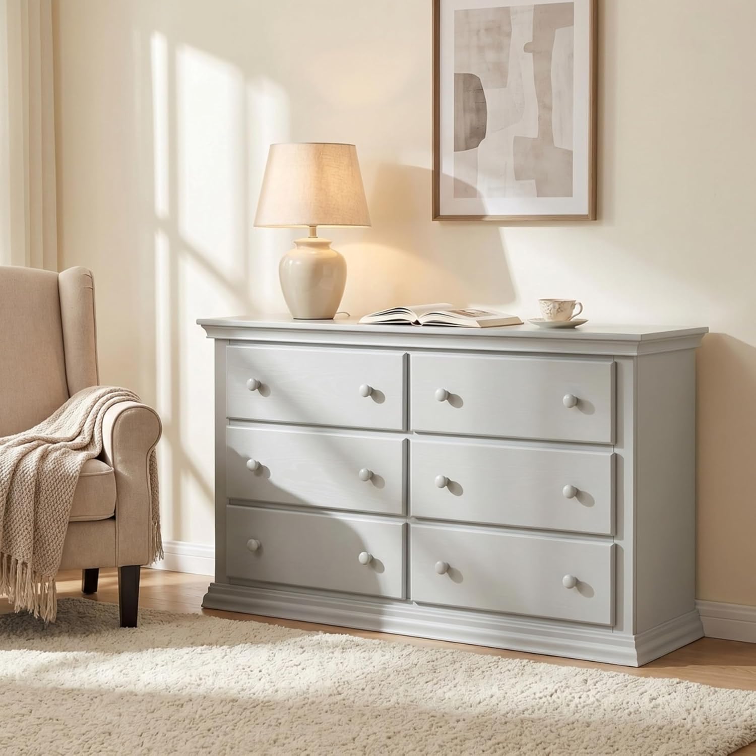 Suite Bebe Universal 6‑Drawer Hardwood Double Dresser, Fully Assembled Wooden Storage Chest with Anti‑Tip Kit for Nursery & Bedroom, Gray