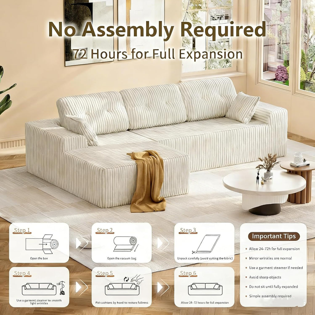 Ball & Cast 106''Cloud Couch Sectional with L-Shaped Chaise,Corduroy Upholstered Modular Sectional Sofa,Deep Seat Sectional Couches for Living Room,No Assembly Required (Beige,Left Facing Chaise)