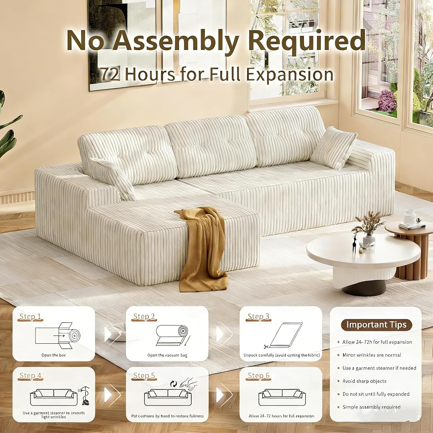 Ball & Cast 106''Cloud Couch Sectional with L-Shaped Chaise,Corduroy Upholstered Modular Sectional Sofa,Deep Seat Sectional Couches for Living Room,No Assembly Required (Beige,Left Facing Chaise)