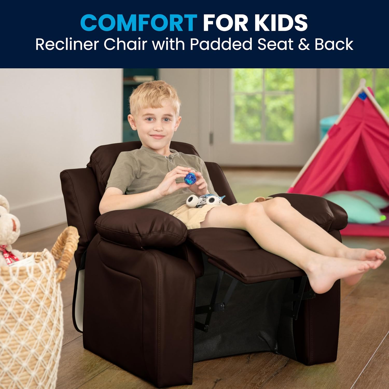 Flash Furniture Charlie LeatherSoft Kids Recliner with Flip-Up Storage Arms and Safety Recline, Contemporary Reclining Chair for Kids, Supports up to 90 lbs., Brown