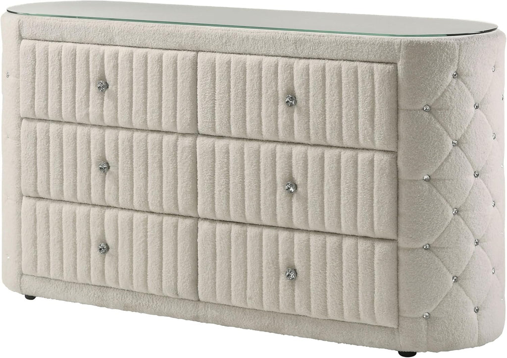 Coaster Home Furnishings - Sonya - Wood - Boucle Upholstered 6-Drawer Dresser with Crystal Hardware, Tufted Panels and Glass Top - Bedroom - Ivory - 360113