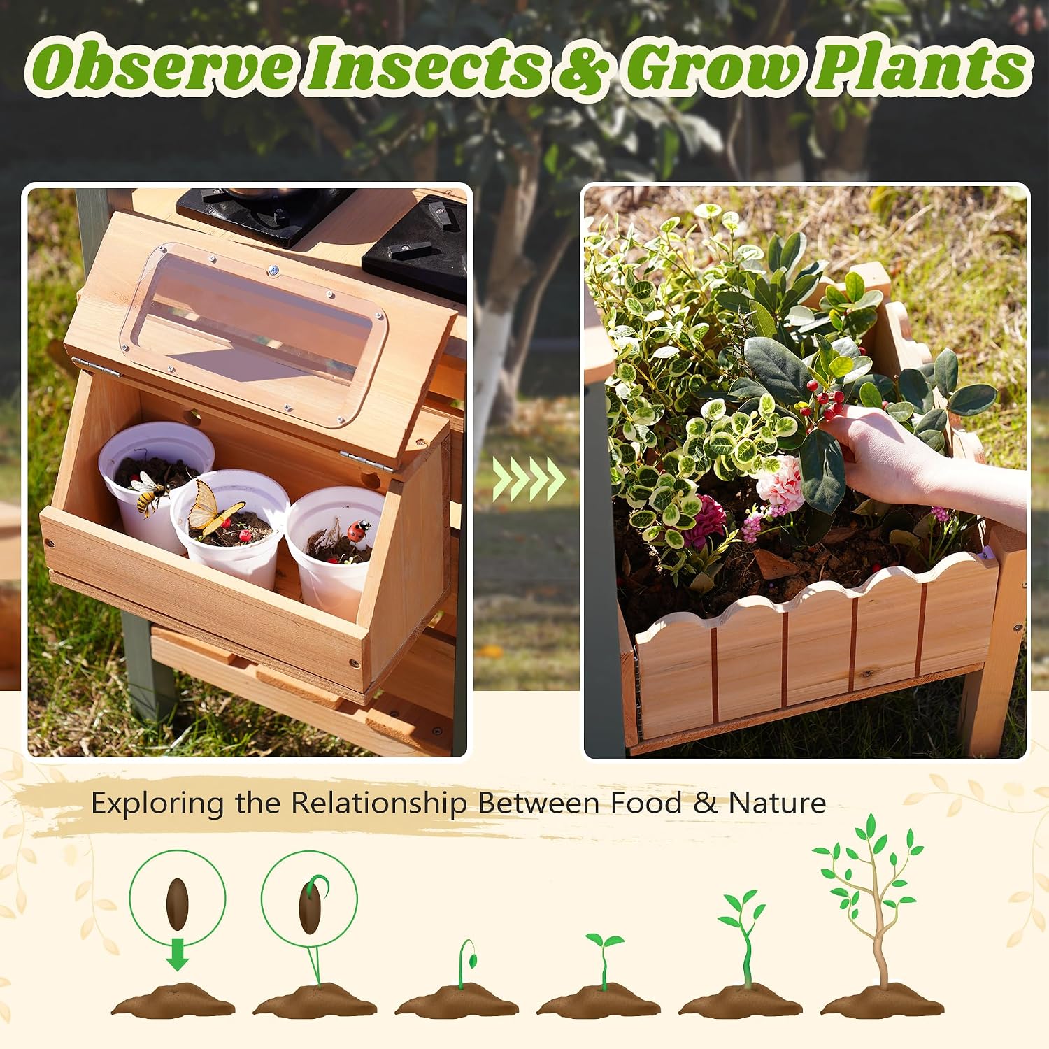 ROBOTIME Mud Kitchen for Kids Outdoor, Wood Outdoor Kitchen with Insect Observation Box & Planter Box, Toddler Play Kitchen with Removable Sink & Faucet, Pretend Outdoor Playset
