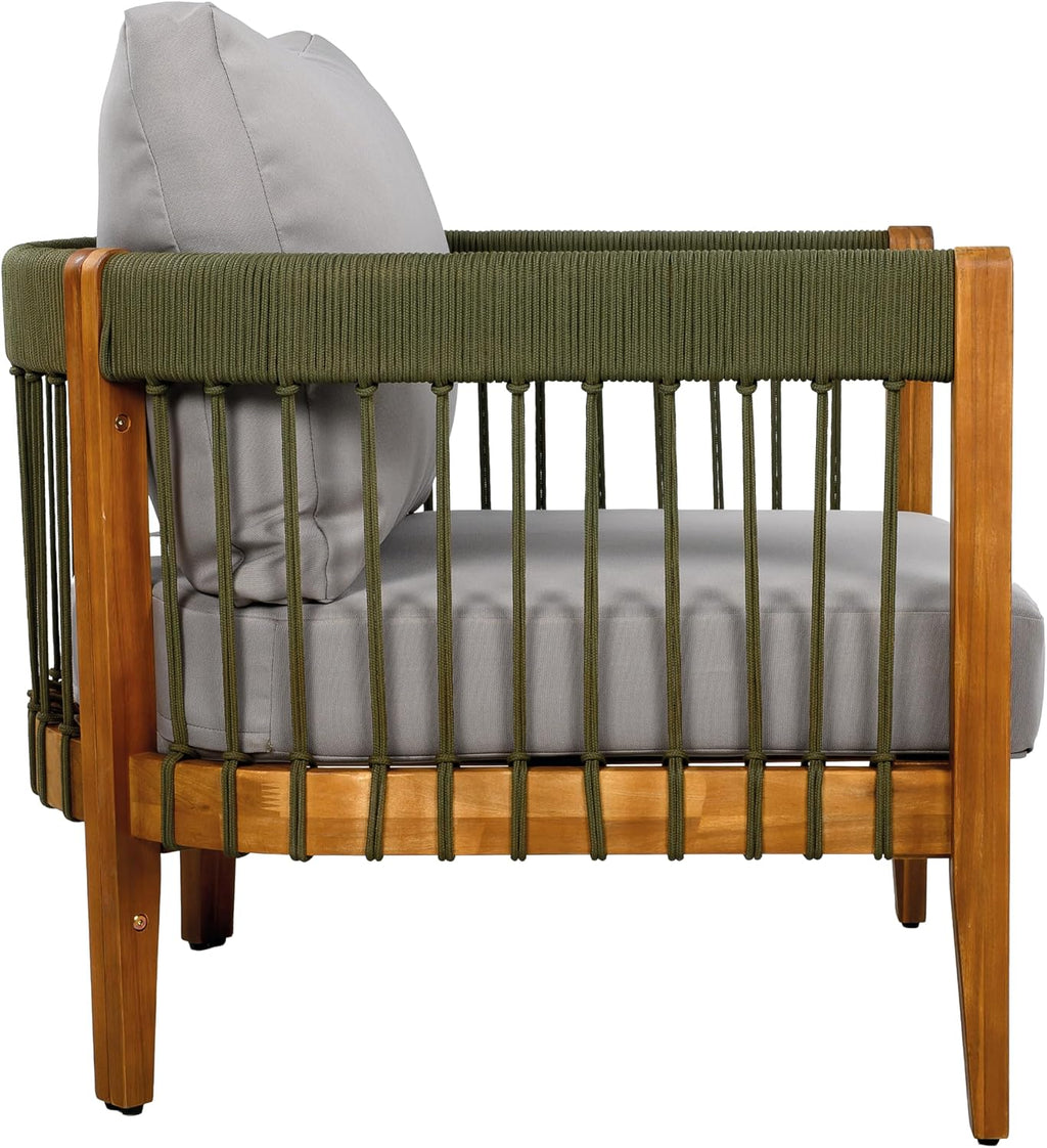 Christopher Knight Home Vinny Outdoor Club Chairs Set of 2, Acacia Wood Accent Chair, Comfort Seating Reading Sofa, Handwoven Rope Armchair with Removable Cushions for Garden Backyard, Green+Gray