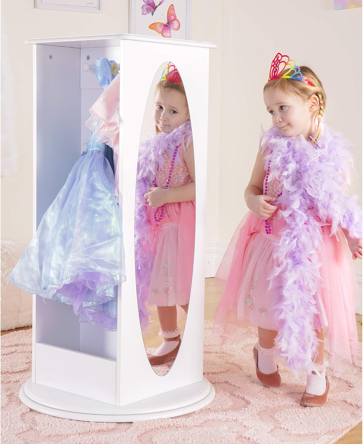 Guidecraft Rotating Dress-Up Storage - White: Kids' Armoire with 2 Mirrors, Cubbies & Hooks for Costumes, Clothes, Shoes and Accessories - Toddlers Pretend Play Station