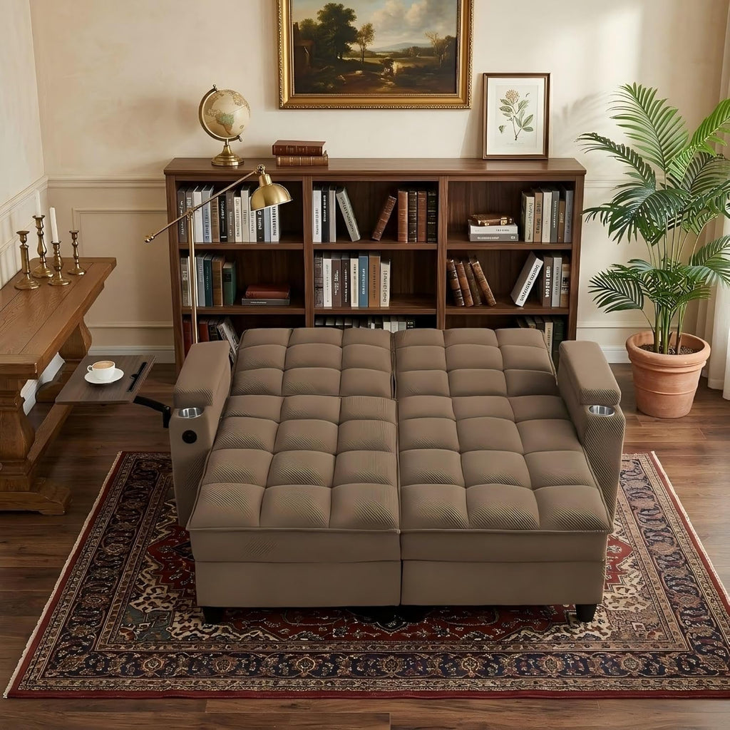 Eafurn Double Chaise Lounge Convertible Sleeper Chair Sofabed W/Storage and 6-Position Reclining Backrest, Modern Tufted Recliner Lounge Chaise Couch with Swivel Table & USB for Living Room