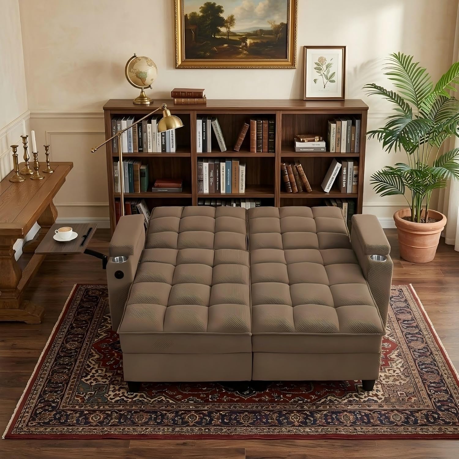 Eafurn Double Chaise Lounge Convertible Sleeper Chair Sofabed W/Storage and 6-Position Reclining Backrest, Modern Tufted Recliner Lounge Chaise Couch with Swivel Table & USB for Living Room