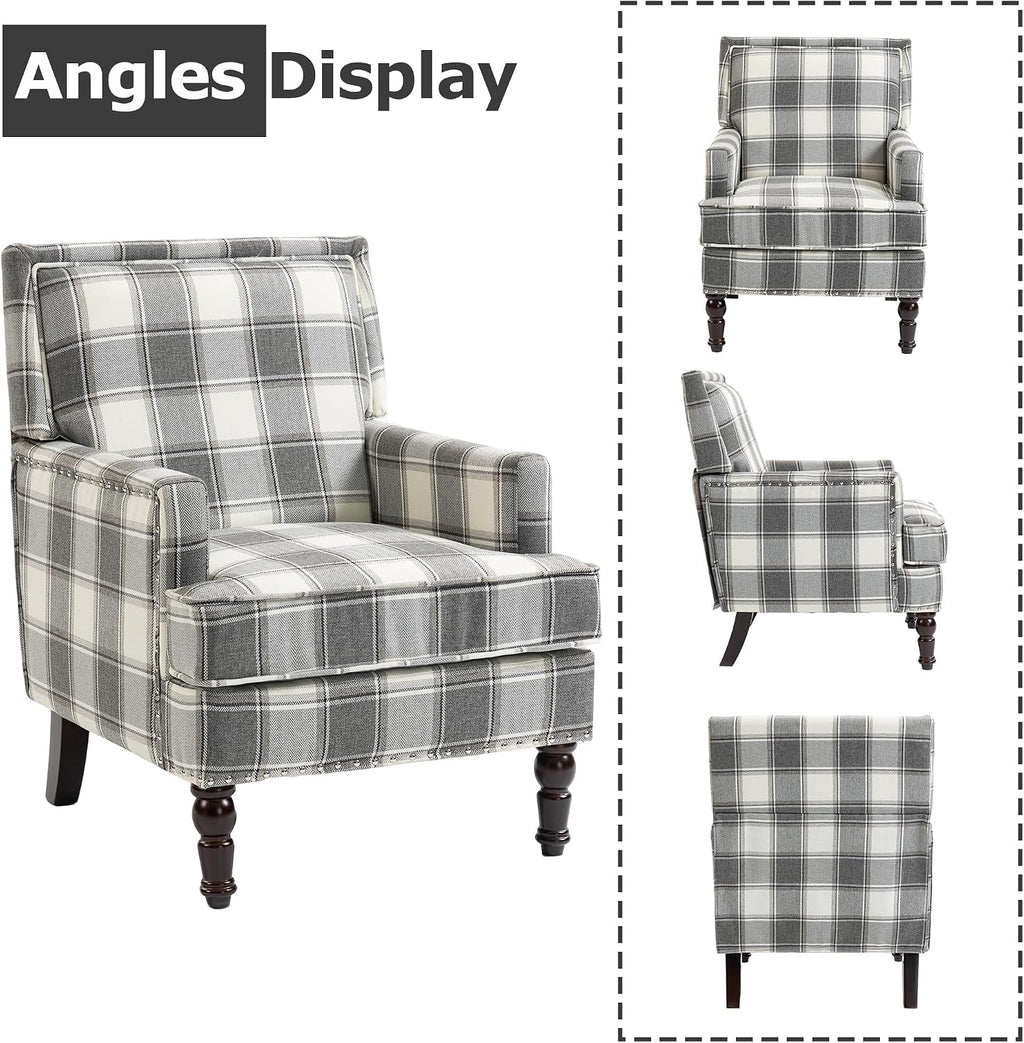 Accent Chair, Plaid Gingham Comfy Cozy Modern Mid-Century Accent Chairs Upholstered Lounge Arm Chair with Solid Wood Frame for Living Room/Bedroom-Gray Plaid