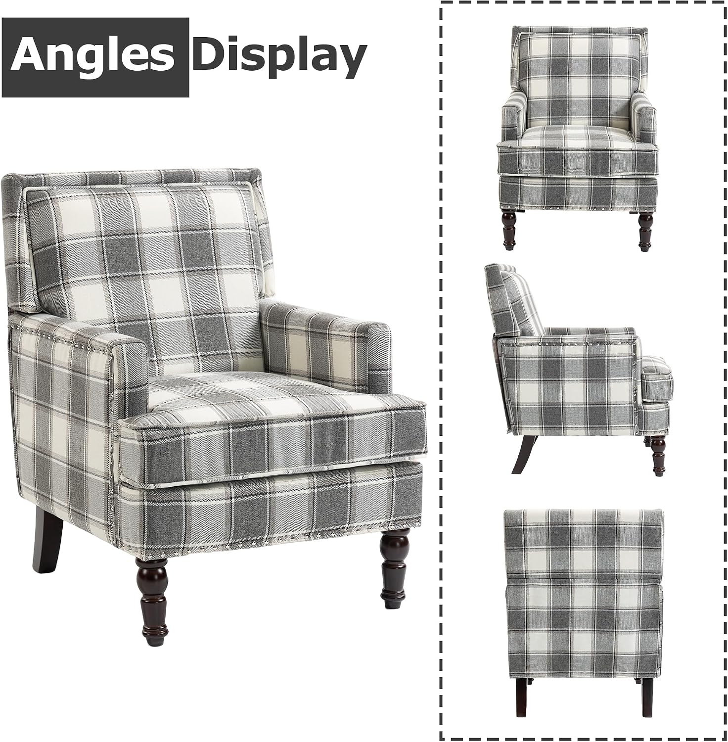 Accent Chair, Plaid Gingham Comfy Cozy Modern Mid-Century Accent Chairs Upholstered Lounge Arm Chair with Solid Wood Frame for Living Room/Bedroom-Gray Plaid