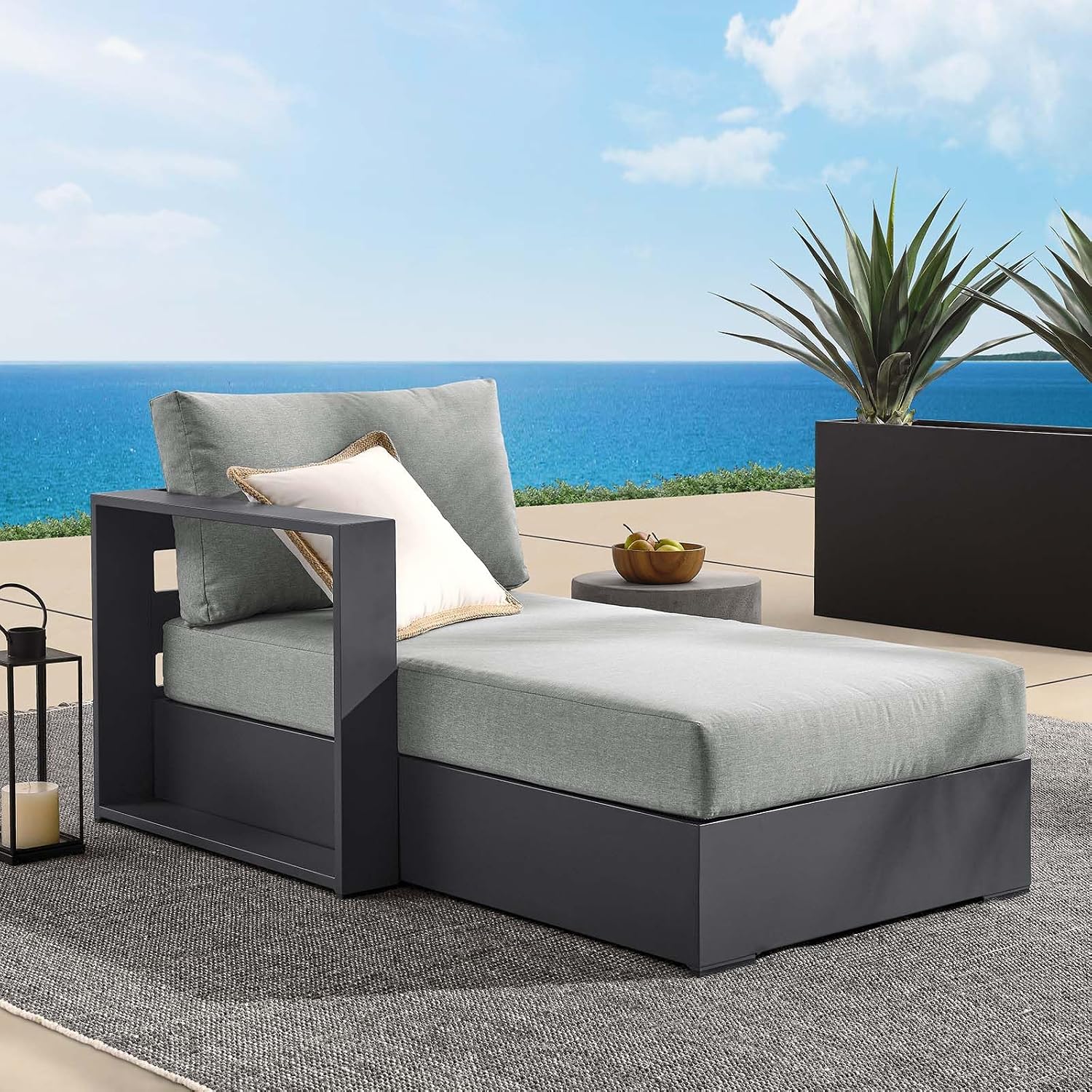 Modway Tahoe Aluminum Outdoor Chaise Lounge Gray with Weather-Resistant Cushions, Modular Left-Facing Patio Lounger for Pool Furniture or Sectional Sofa Set