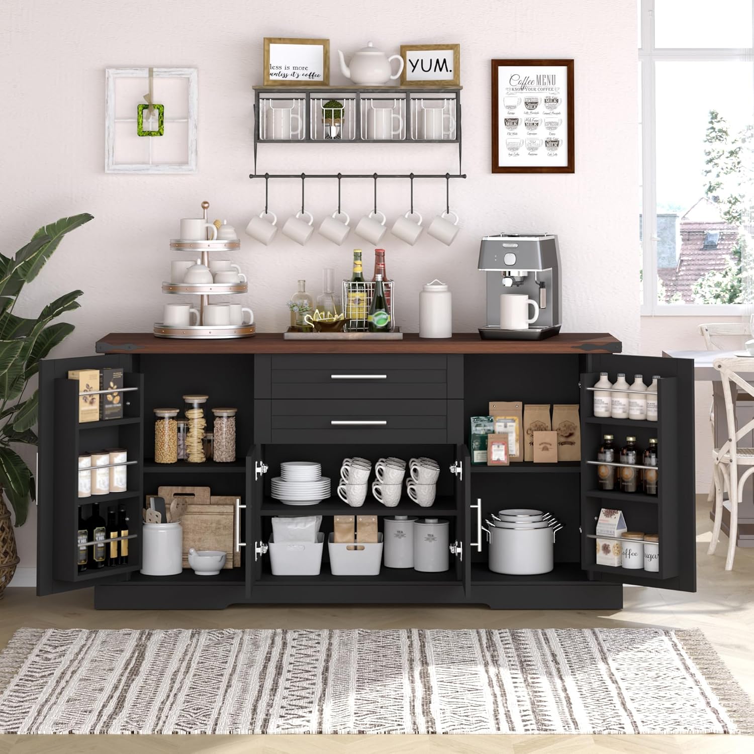 RiteSune 63' Farmhouse Buffet Sideboard Cabinet, Large Kitchen Sideboard Storage with 2 Drawers and 4 Doors, Buffet Table for Dining Room, Living Room, Black