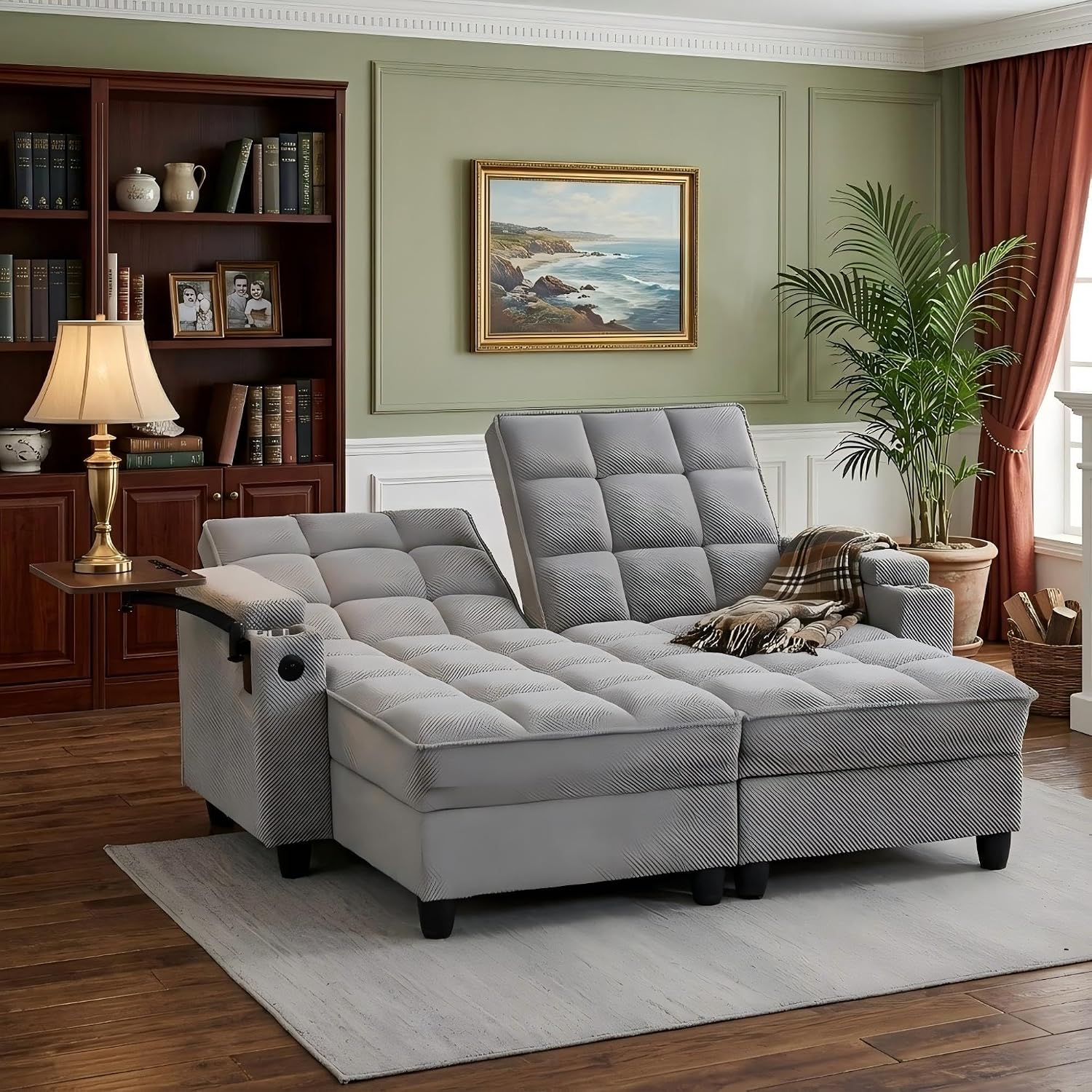Eafurn Double Chaise Lounge Convertible Sleeper Chair Sofabed W/Storage and 6-Position Reclining Backrest, Modern Tufted Recliner Lounge Chaise Couch with Swivel Table & USB for Living Room