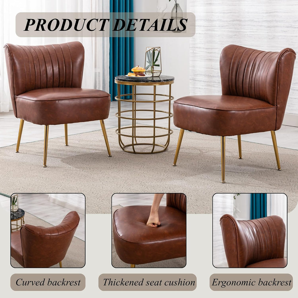 PU Leather Accent Chair Set of 2 - Comfy Armless Slipper Mid Century Side Chair With Golden Legs - Wingback Single Sofa for Living Room, Bedroom, Guest Room - Brown