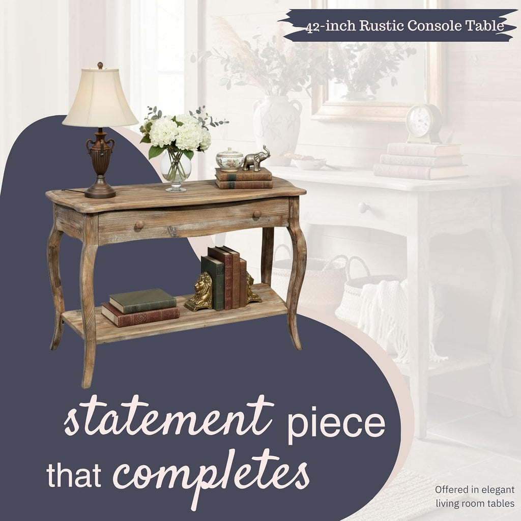 Austerity Rustic Console Table, 42 Inch with Curved Legs, Scalloped Edges, and Lower Shelf in Driftwood Finish - Natural and White Textured Antique Look Home Décor by Alaterre Furniture