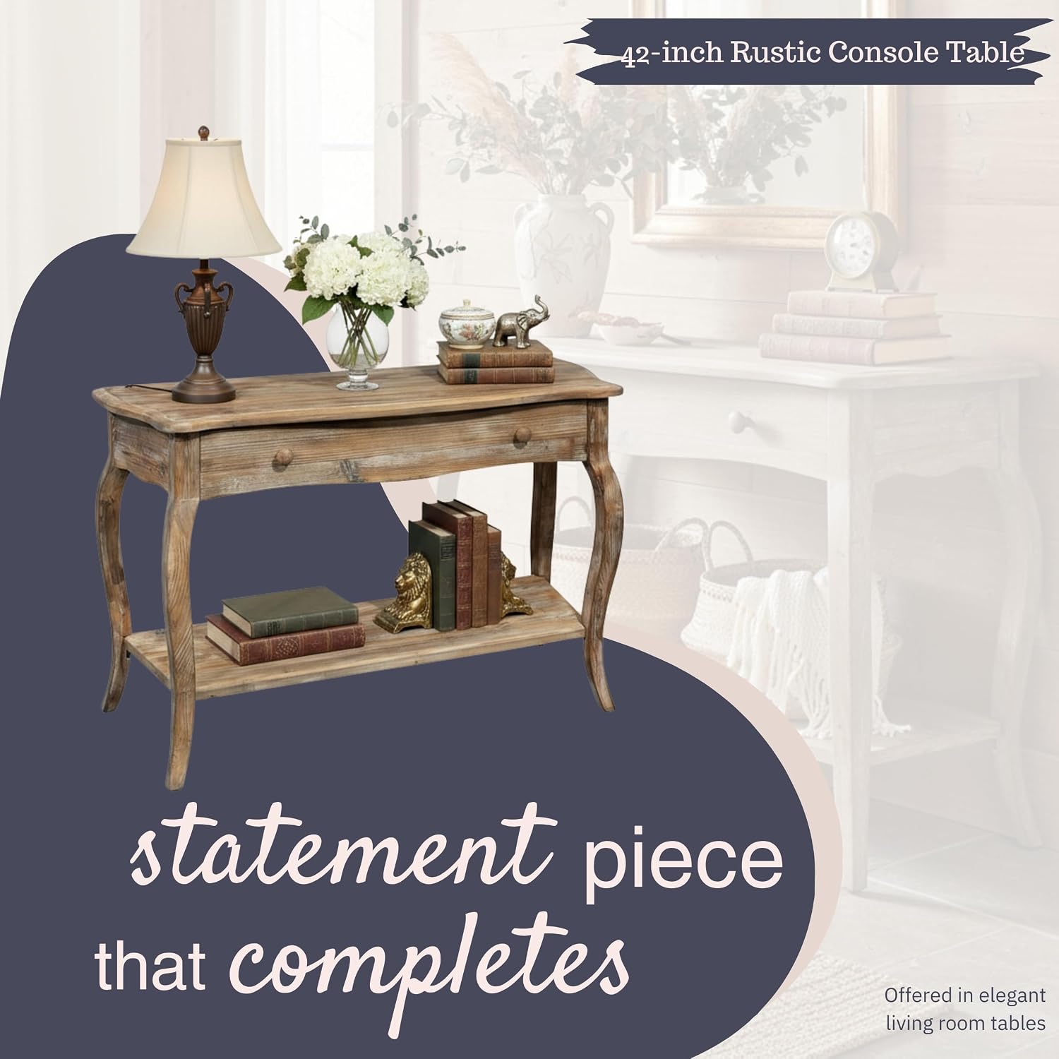 Austerity Rustic Console Table, 42 Inch with Curved Legs, Scalloped Edges, and Lower Shelf in Driftwood Finish - Natural and White Textured Antique Look Home Décor by Alaterre Furniture
