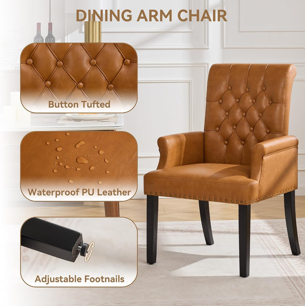 WUTUTUEE PU Leather Dining Chair with Arms, Upholstered Tufted High Back Dining Room Chairs, Accent Armchair with Solid Wood Leg and Nailhead Trim, Kitchen Dining Living Room, Brown