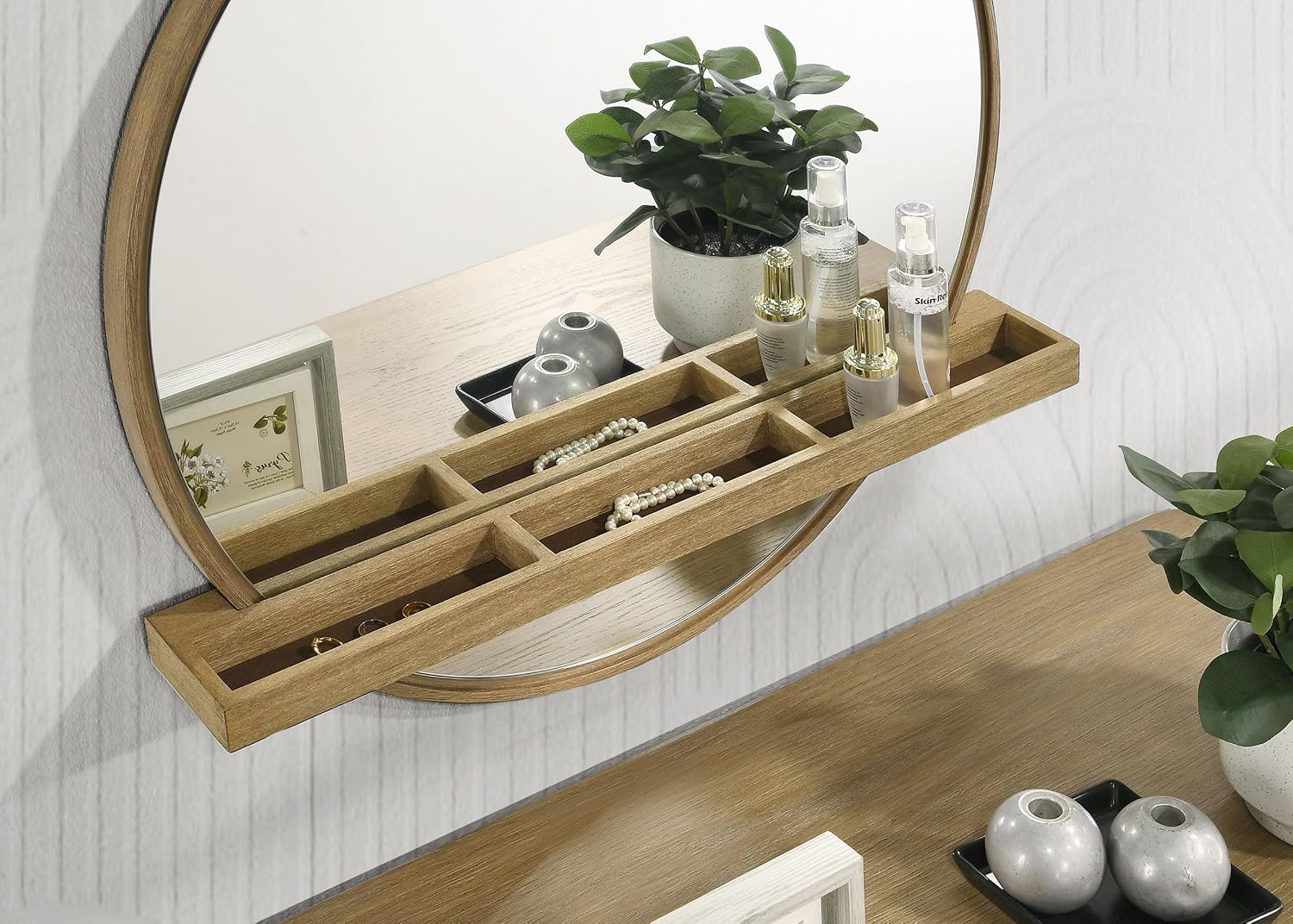 Coaster Home Furnishings Arini Coastal Round Wall Mounted Vanity Mirror for Bedroom with Jewelry Storage Shelf Sand Wash 224308