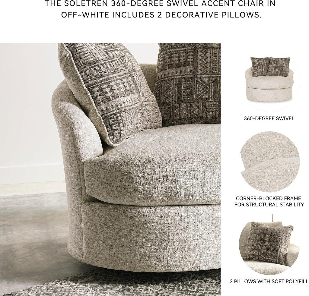 Signature Design by Ashley Soletren Contemporary Chenille 360-Degree Swivel Accent Chair, Off-White
