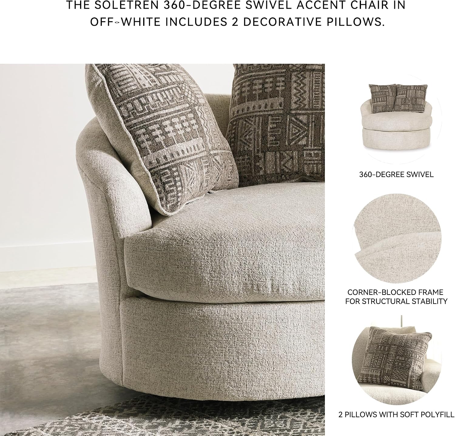 Signature Design by Ashley Soletren Contemporary Chenille 360-Degree Swivel Accent Chair, Off-White