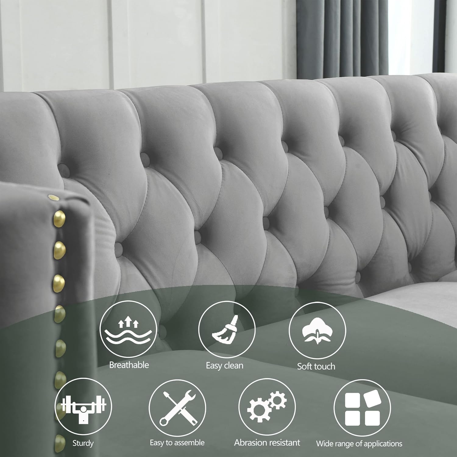 KEIKI Tufted Velvet 3+3 Seat Sofa Couch for Living Room, Buttons Tufted Square Arm Couch for Home Apartment, Gray
