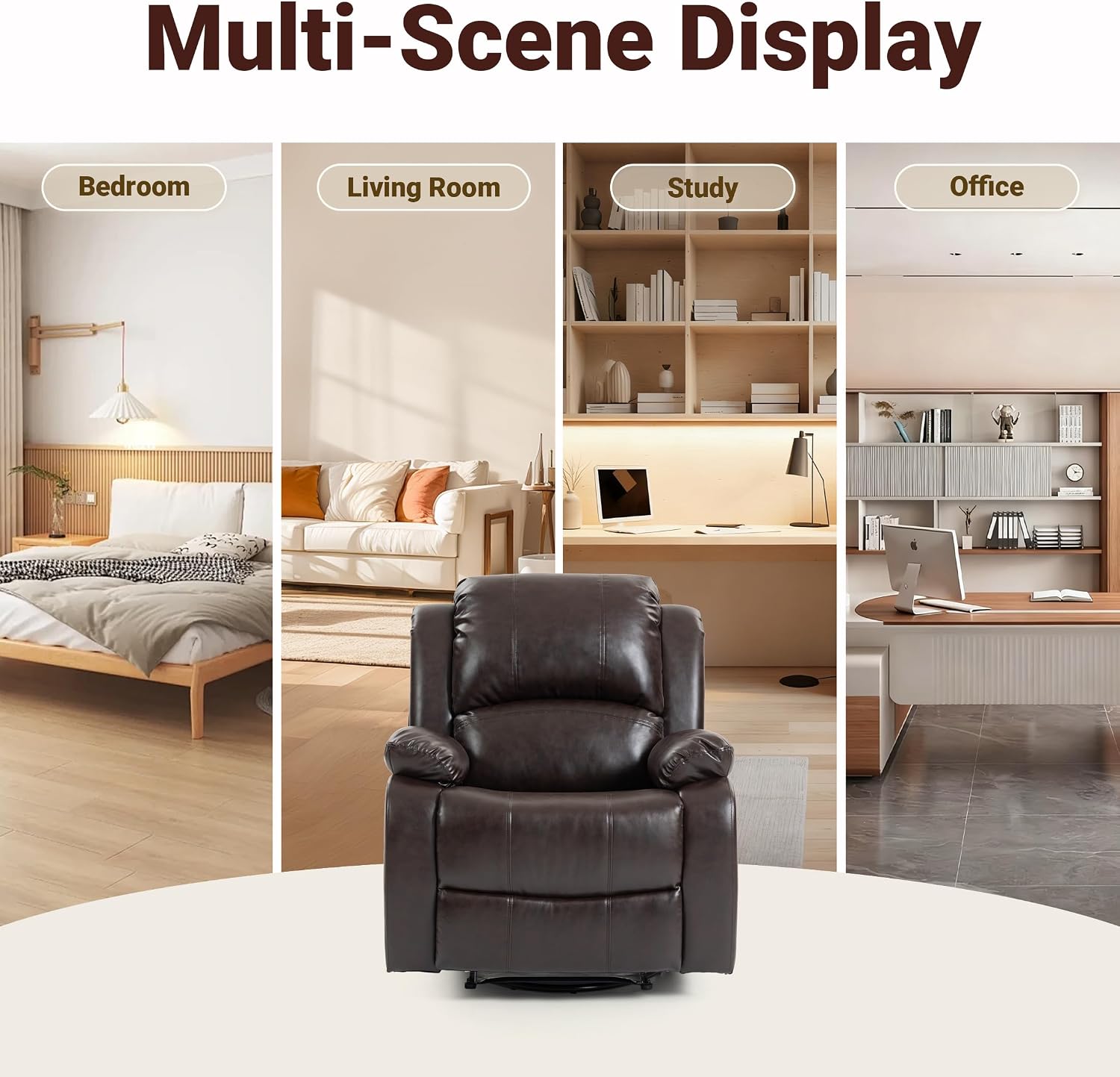 Manual Recliner Chair, Adjustable Push Back Leather Reclining for Living Room, Reddish Brown