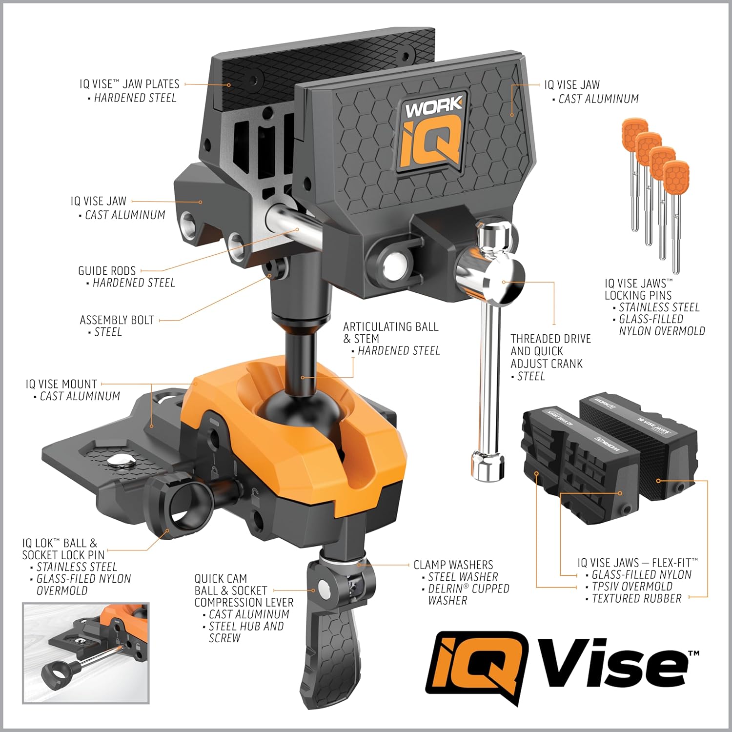 Work IQ Tools IQ Vise & IQ Connect | 360° Articulating Bench Vise & Hands-Free Accessory System with 3 Bench Mounts | Includes Vise Jaws, Magnifying Glass, Rechargeable Work Light & Cell Phone Holder