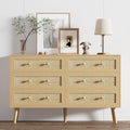 Dresser for Bedroom with 6 Drawer, Natural Rattan Chest of Dressers, Wide Wood Double Dresser, Wooden TV Stand Closet Storage Furniture, Boho Small Clothes Organizer for Hallway, Living Room, Entryway
