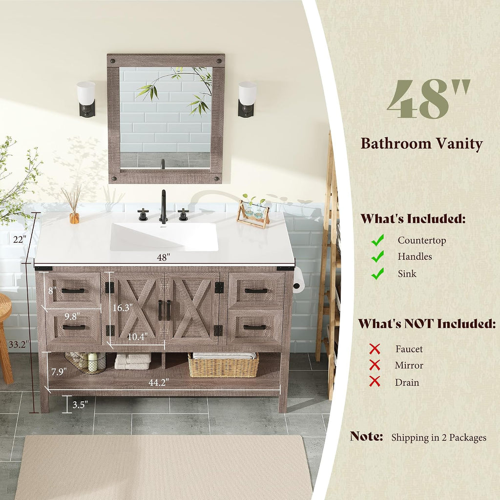 AMERLIFE 48' Farmhouse Bathroom Vanity with Sink, Freestanding Cabinet with 4 Drawers, Double Barn Doors & Open Shelf, Rustic Storage for Master or Family Bathroom, Light Gray