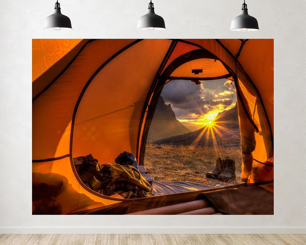 Trykid 20x10ft Orange Tent Mountain Sunrise Backdrop Cozy Camping Adventure Scene Photography Background Outdoor Travel Shoot Tapestry Party Decoration Photo Studio Prop Fabric