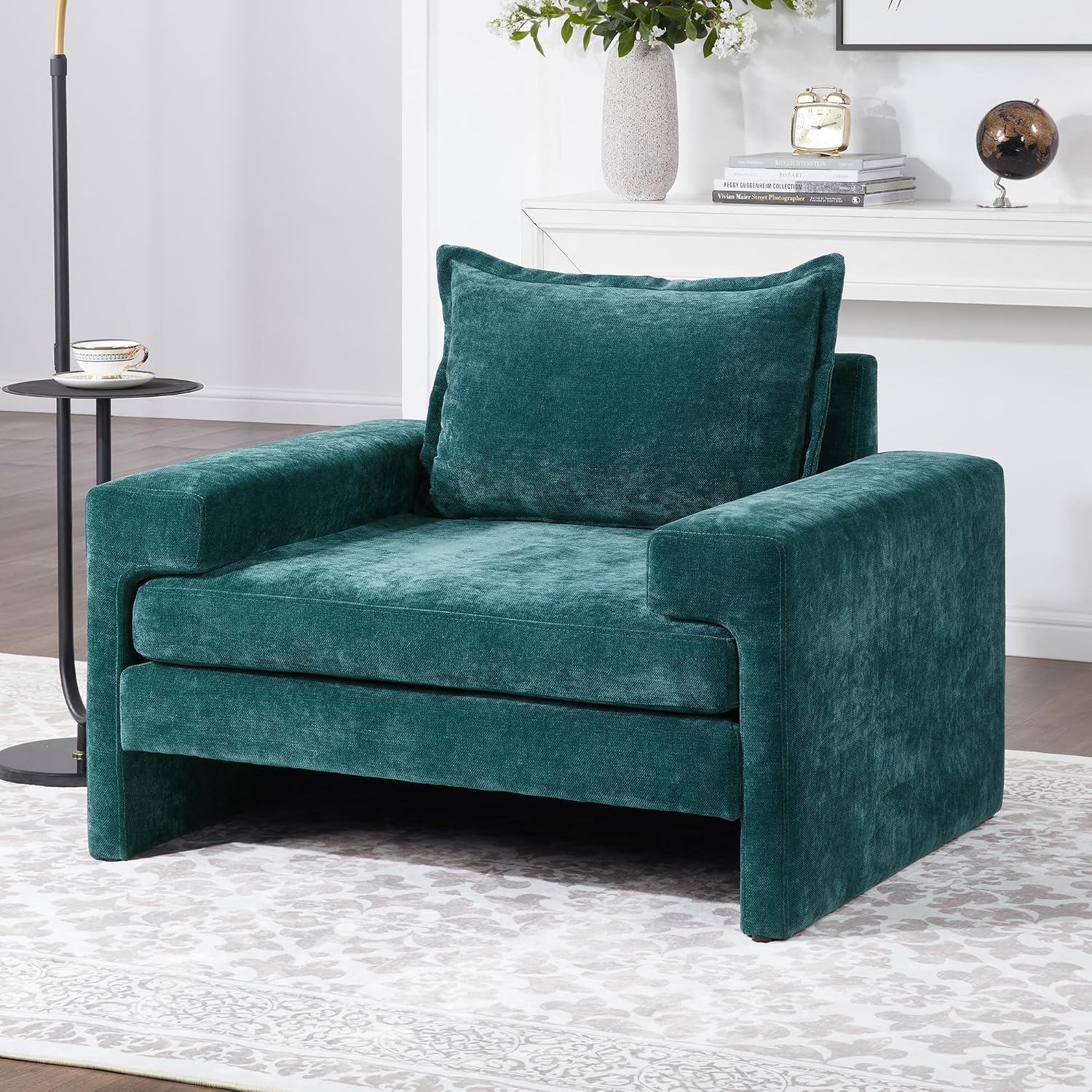 Christopher Knight Home Aylen Modern Chenille Upholstered Accent Chair with Wide Armrests, Wooden Living Room Club Chair, Bedroom Comfy Reading Chair with Back Pillow, Teal Green