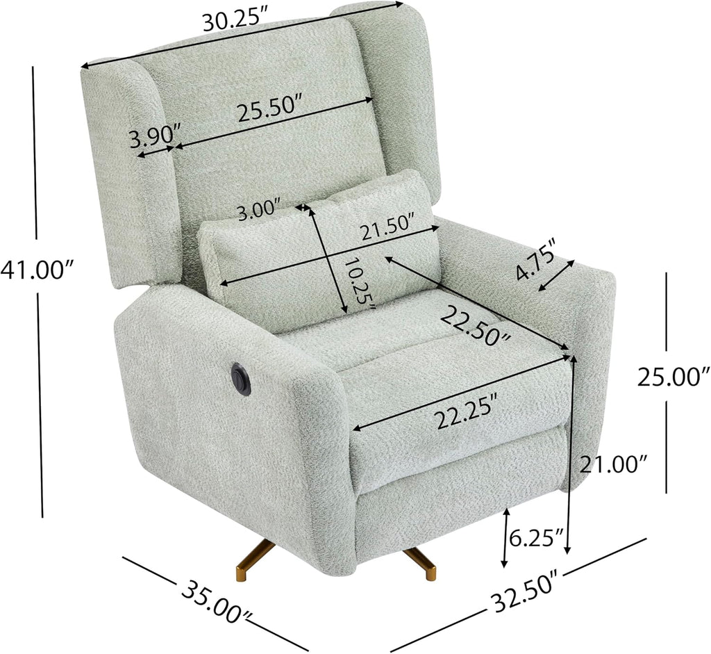 Christopher Knight Home Dolia Boucle Upholstered 360° Swivel Chair, Push-Back Power Recliner Chair, Iron Recliner Sofa with Rotation, Living Room Lounge Sofa, Adjustable Backrest, Gold+Light Green
