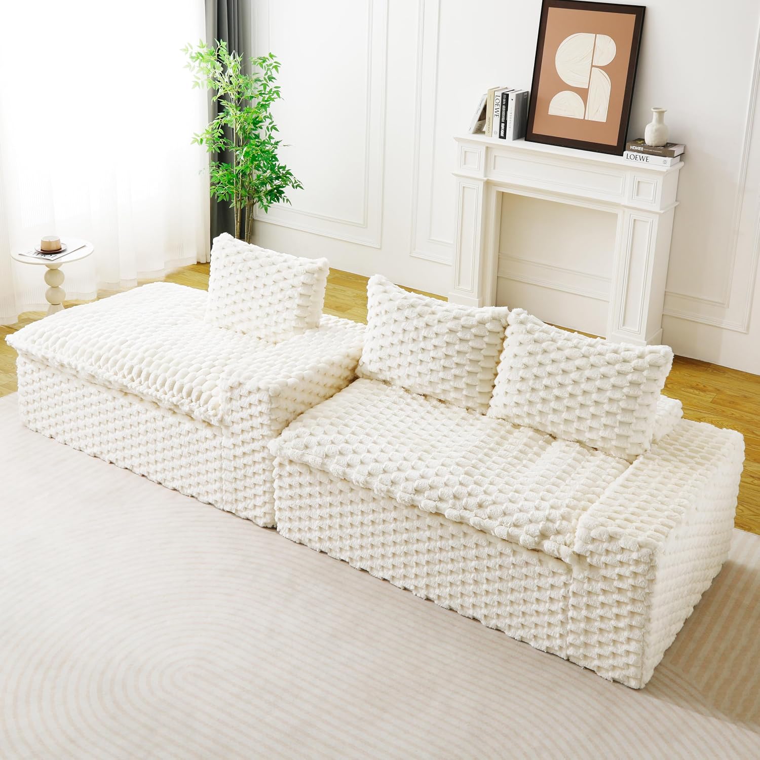 KEIKI 96' L-Shape Modular Boneless Couch with Chaise for Modern Home Small Space, Sectional Sofa Deep Seat Oversized Loveseat Convertible Sofa Bed for Apartment Furniture Lounge Relaxing Corner, White