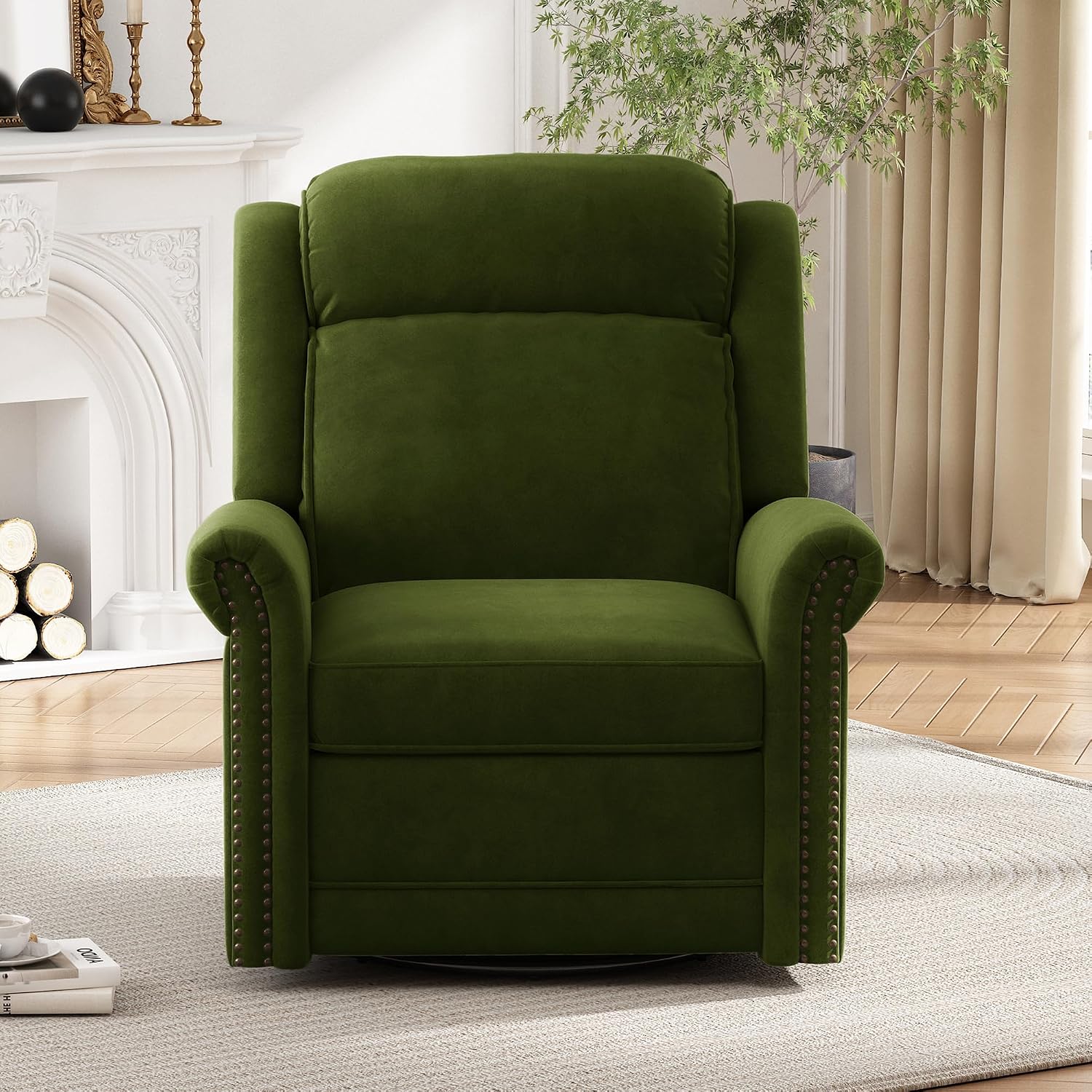 Christopher Knight Home 360° Swivel Recliner, Velvet Rocking Recliner Upholstered Recliner Chair, Rocker with Adjustable Backrest Nailhead Trims, Green