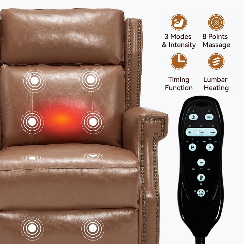 KEIKI Mid Century Modern Oversized Recliner Accent Chair for Adults, Manual Leather Recliner Chair with Back Massager and Heating for Living Room, Home Soft Rocking Lounge Reading Chair, Camel