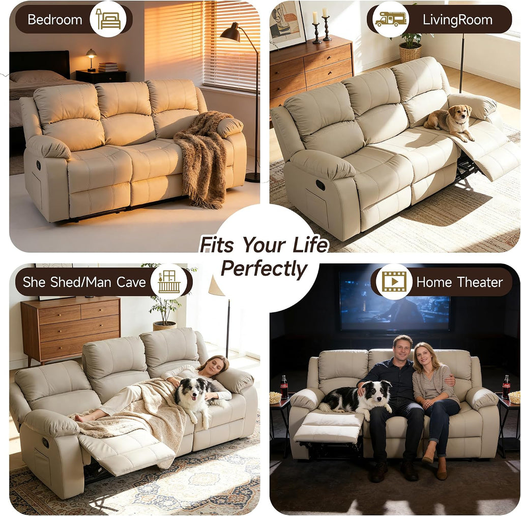 Reclining Loveseat Sofa Leather Recliner Sofa 3 Seater Couch for Living Room, Home Theater Seating(3 Seat,Beige)