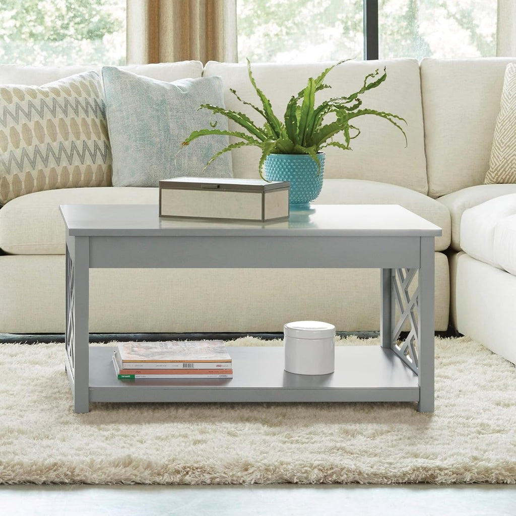 Coventry 36 in. W Wood Coffee Table, Traditional Modern Design, Includes Open Detailing & Storage Shelf, Gray Finish, Cottage, Loft, Apartment, Accent Furniture, End Table, Side Table