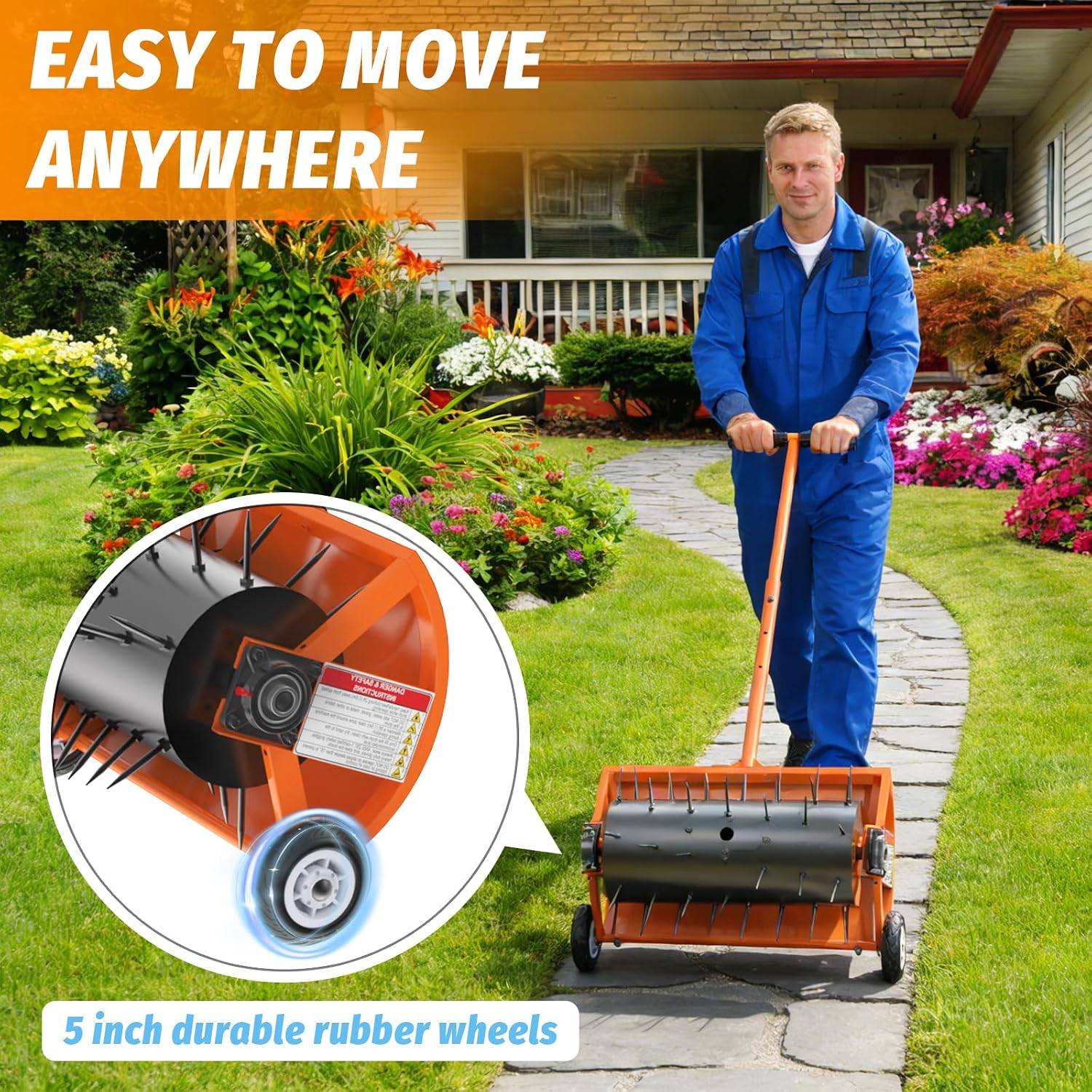24 Inch Rolling Lawn Aerator, Heavy Duty Manual Aerator Tool, Up to 70 lbs, Push Spike Aeration Tool with 42 Spikes, Suitable for Lawns, Garden, and Yard Grass Aeration [Orange]