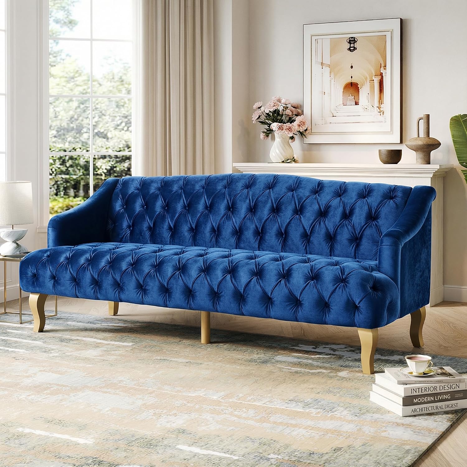Christopher Knight Home Minxi Velvet Upholstered 3 Seater Sofa Couch, Wooden Home Sofa Living Room, Comfy Cloud Couch for Bedroom, Home Office, Button Tufted with Diamond Stitching, Dark Blue