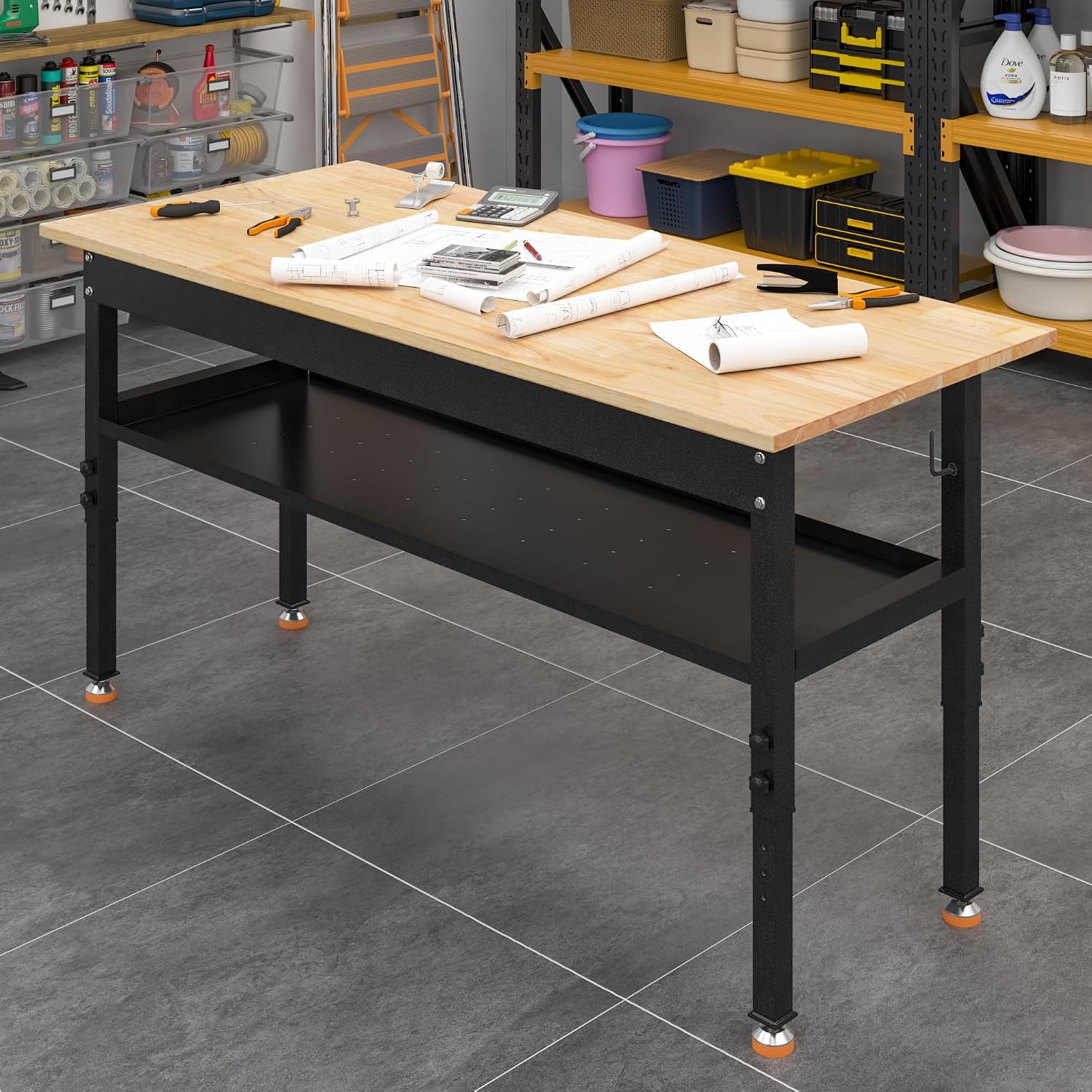 48'/60'' Adjustable Workbench, Rubber Wood Work Bench Heavy-Duty with Partition,2000 LBS Load Capacity Hardwood Work Table for Garage, Workshop, Home, Office, Easy Assembly (w/partition,48'')