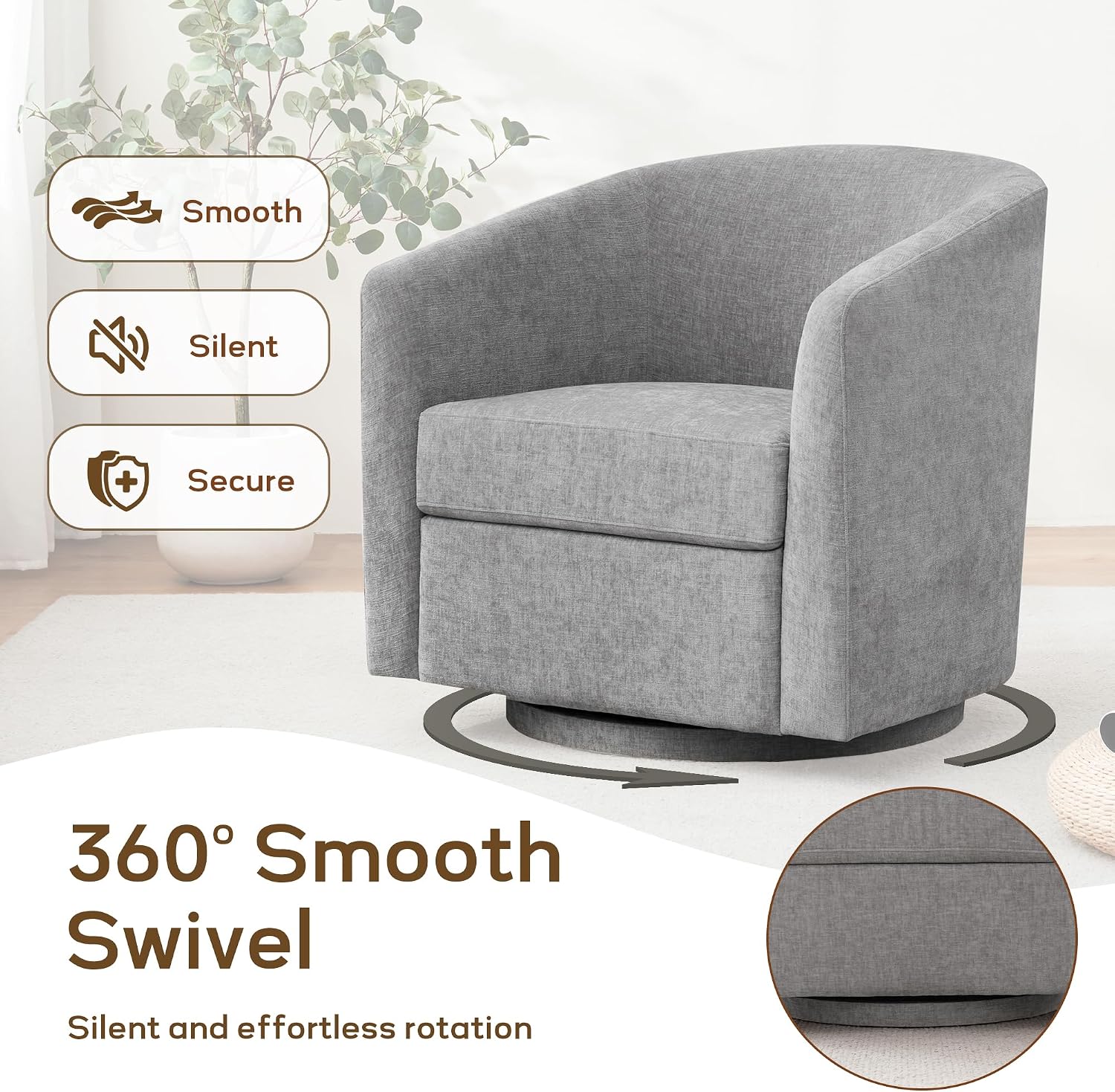 Zihanhome Chenille Swivel Accent Chair, Living Room Chairs, No Assembly Upholstered Armchair, 360°Rotating Barrel Chair for Bedroom, Apartment & Reading Nook (1, Light Grey)