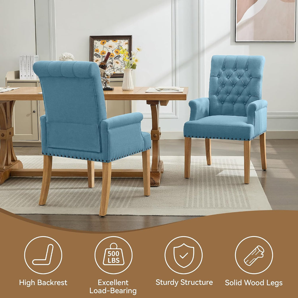 WUTUTUEE Fabric Dining Chair with Arms, Upholstered Tufted High Back Dining Room Chairs, Accent Armchair with Solid Wood Leg and Nailhead Trim, Kitchen Dining Living Room, Blue