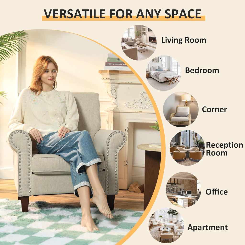 PrimeZone Comfy Accent Chair Set of 2, Mid-Century Modern Fabric Living Room Chair Reading Chair with Soft Cushion, Nailhead Trim & Rolled Armrest, Arm Chair Sofa Chair for Bedroom Waiting Room,Beige