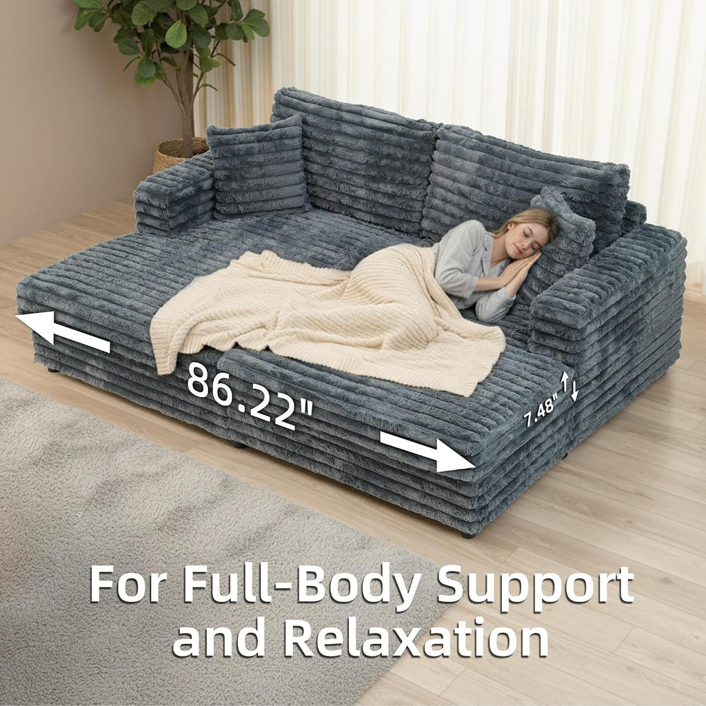 86' Oversized Chaise Lounge Chair Indoor with 2 Pillows,Sofa Bed Upholstered Recliner Chair,Comfy Corduroy Reading Chairs,Oversized Sleeper Couch for Living Room, Movie Room and Bedroom, Gray