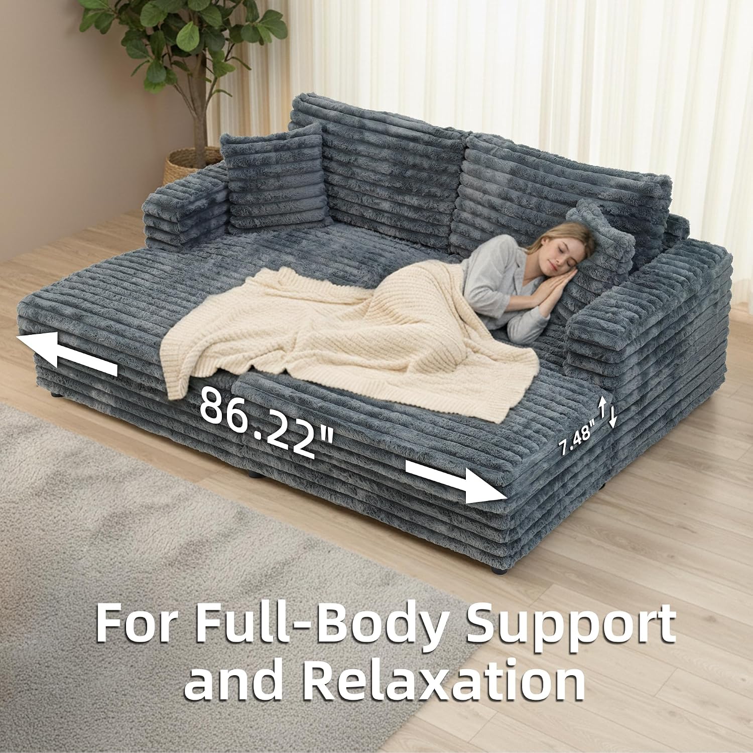 86' Oversized Chaise Lounge Chair Indoor with 2 Pillows,Sofa Bed Upholstered Recliner Chair,Comfy Corduroy Reading Chairs,Oversized Sleeper Couch for Living Room, Movie Room and Bedroom, Gray