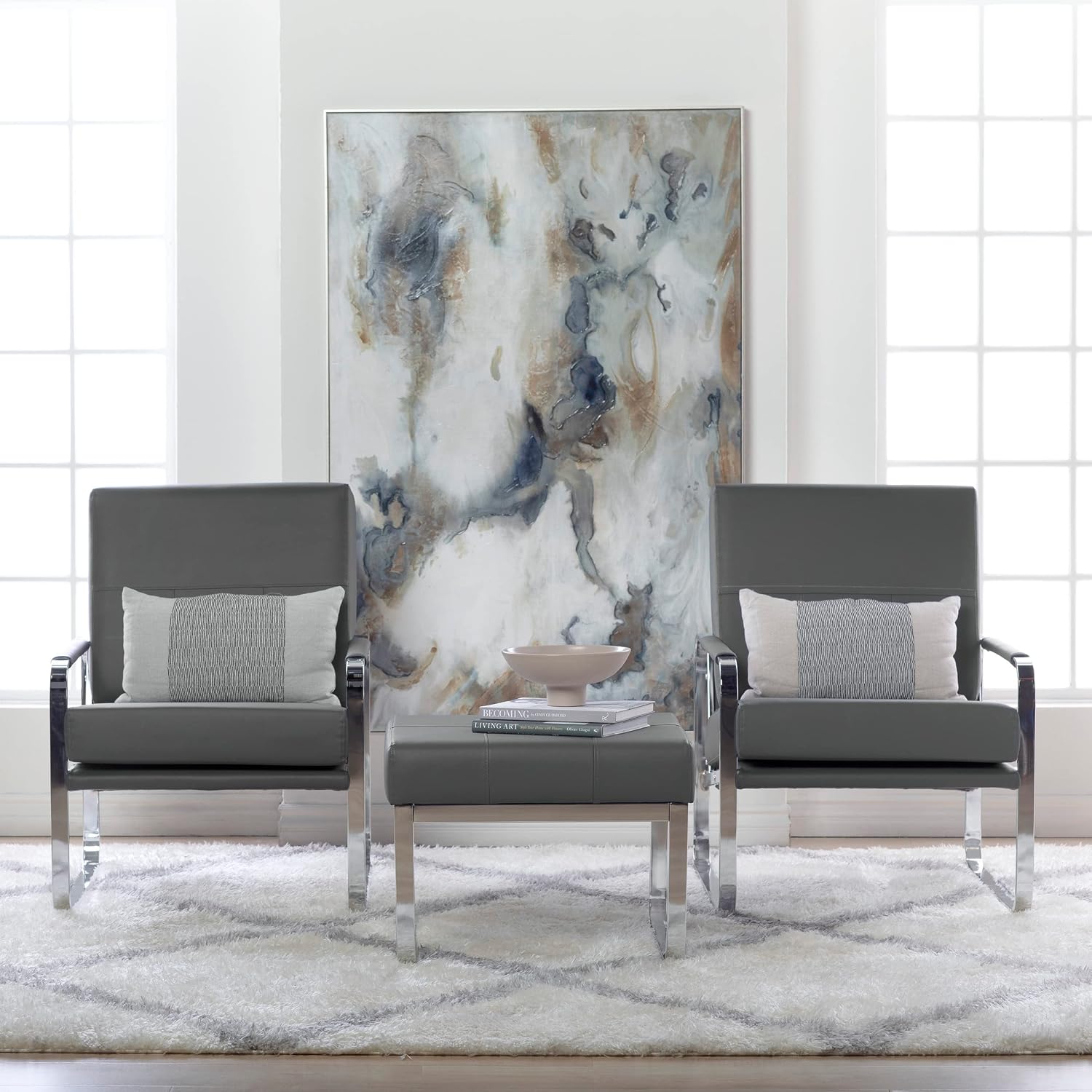 Studio Designs Home Allure Modern Accent Chair in Blended Leather, Chrome/Smoke Gray